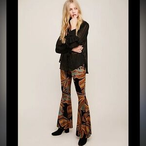 Free People Float Away  Velvet Flare Pants - Brown and Black butterfly